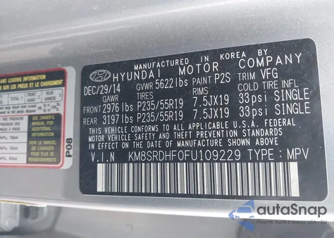 2015 Hyundai Santa Fe Gls z USA, uszkodzony, nr VIN KM8SRDHF0FU109229
